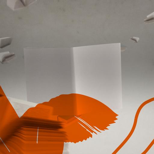 Das Bild zeigt das Podcast-Logo der ZDF-Sendung "Das Literarische Quartett", die als Podcast zum Nachhören von Deutschlandfunk Kultur angeboten wird. Zu sehen ist ein aufgeschlagenes, unbeschriebenes Buch vor umherfliegenden Buchseiten, darauf sind orange Pinselstriche zu sehen und zu lesen "Das Literarische Quartett".
