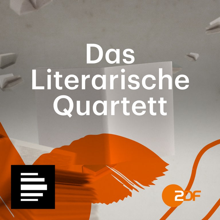 Das Bild zeigt das Podcast-Logo der ZDF-Sendung "Das Literarische Quartett", die als Podcast zum Nachhören von Deutschlandfunk Kultur angeboten wird. Zu sehen ist ein aufgeschlagenes, unbeschriebenes Buch vor umherfliegenden Buchseiten, darauf sind orange Pinselstriche zu sehen und zu lesen "Das Literarische Quartett".