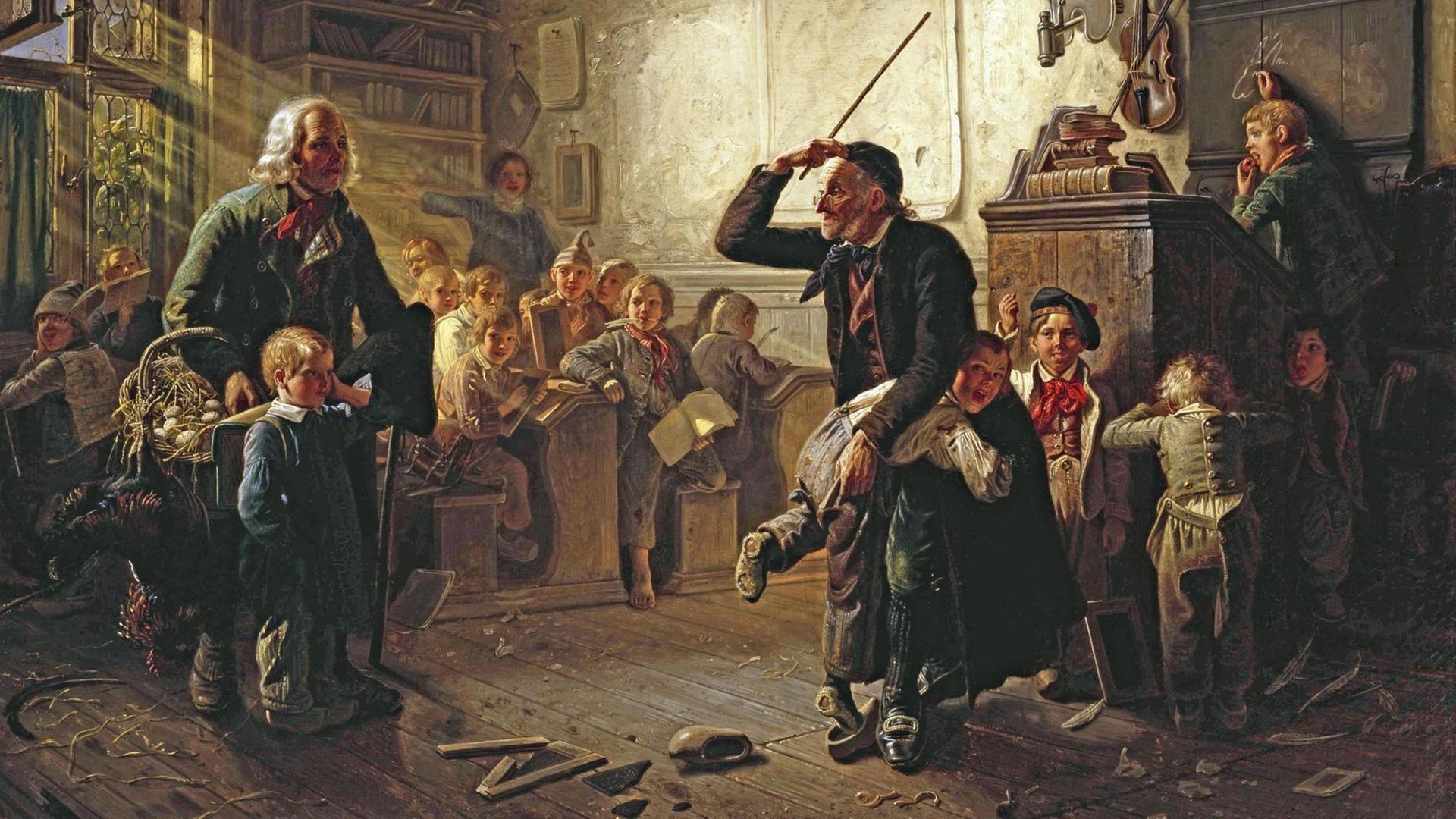 Hasenclever, Johann Peter. 18101853. / Der erste Schultag (Lasset die Kindlein zu mir kommen), 1852. Öl auf Leinwand, 85 × 112 cm. Privatsammlung. |