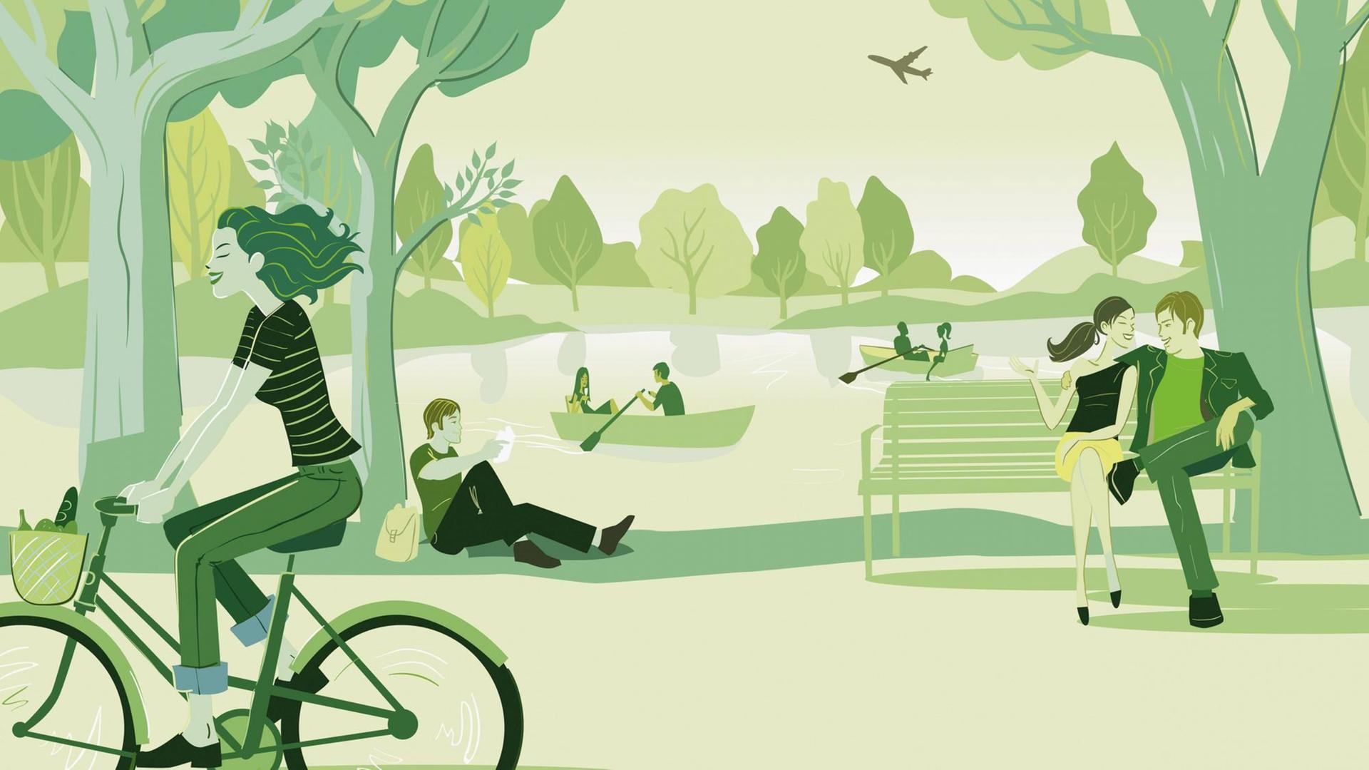 Menschen entspannen im Park. Illustration von Steve Scott.