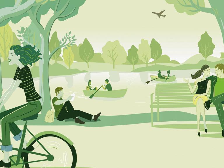 Menschen entspannen im Park. Illustration von Steve Scott.