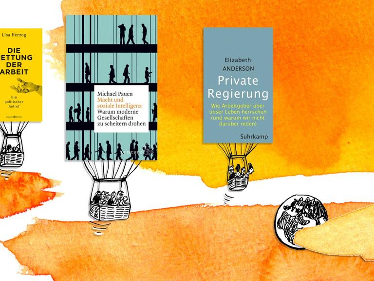 Drei Heißluftballone fliegen vor einem orangefarbenen Himmel und werden von den Covern getragen.