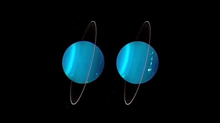 Auf diesen Uranus-Aufnahmen aus dem Jahr 2004 sind deutlich mehrere helle Sturmsysteme in der Atmosphäre des Planeten zu erkennen