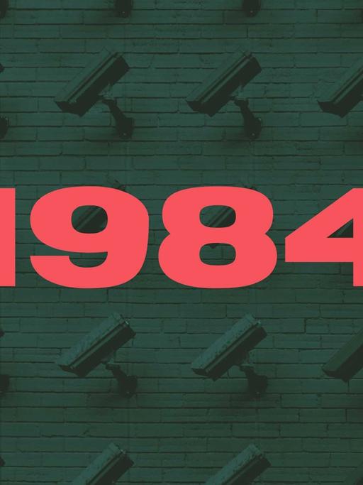 Mehrere Überwachungskameras mit grünem Hintergrund und der roten Zahl 1984 im Vordergrund.