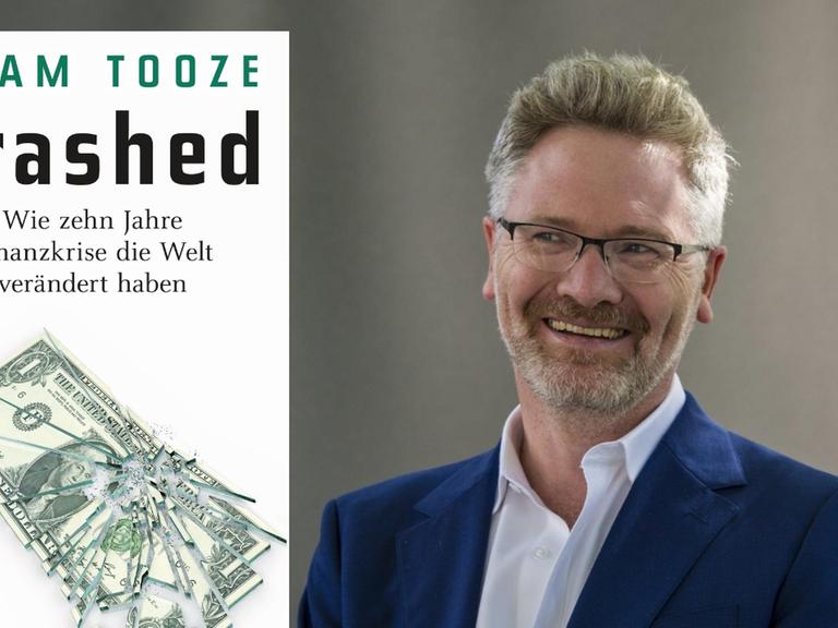 Collage: links das Buchcover "Crashed", vom Siedler-Verlag; rechts ein Porträt des Autors Adam Tooze.