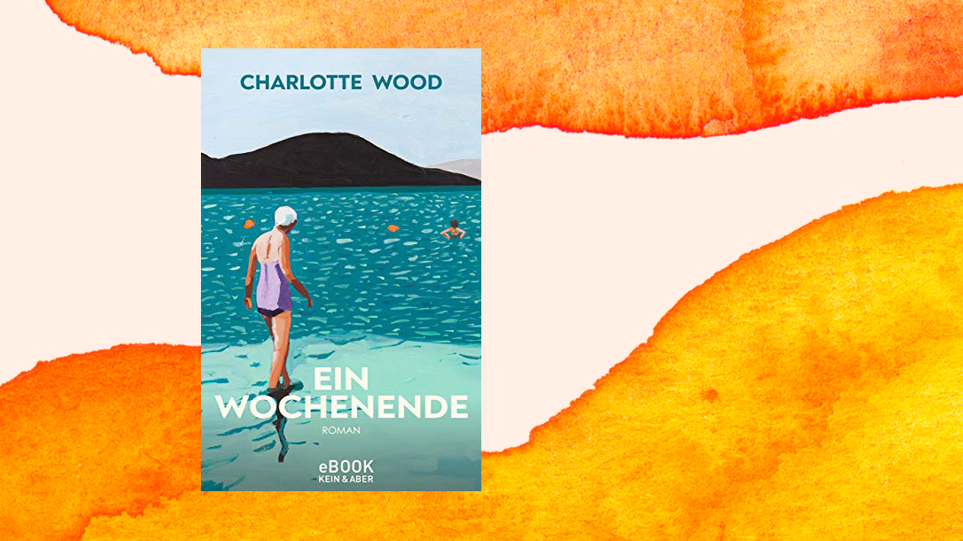 Buchcover von Charlottes Woods "Ein Wochenende" vor orangefarbenem Aquarellhintergrund.