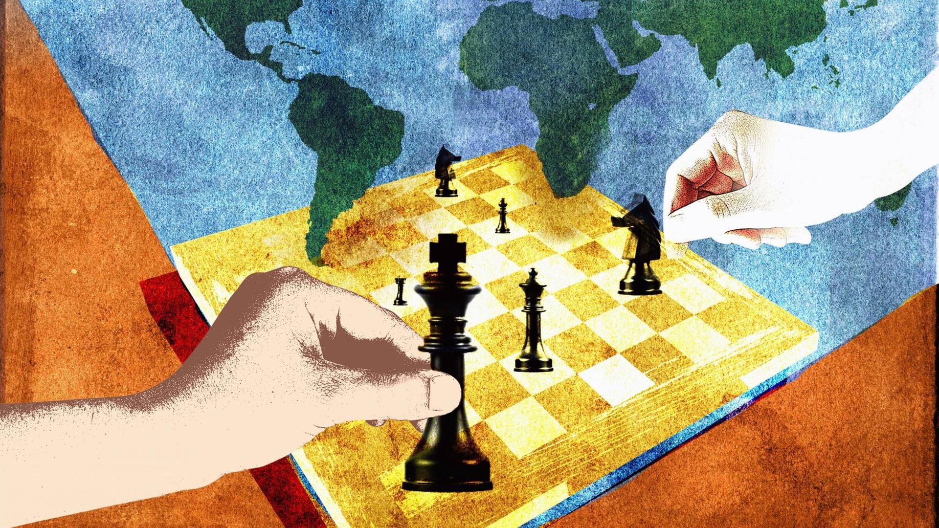 Zwei Menschen spielen Schach mit der Weltkarte.