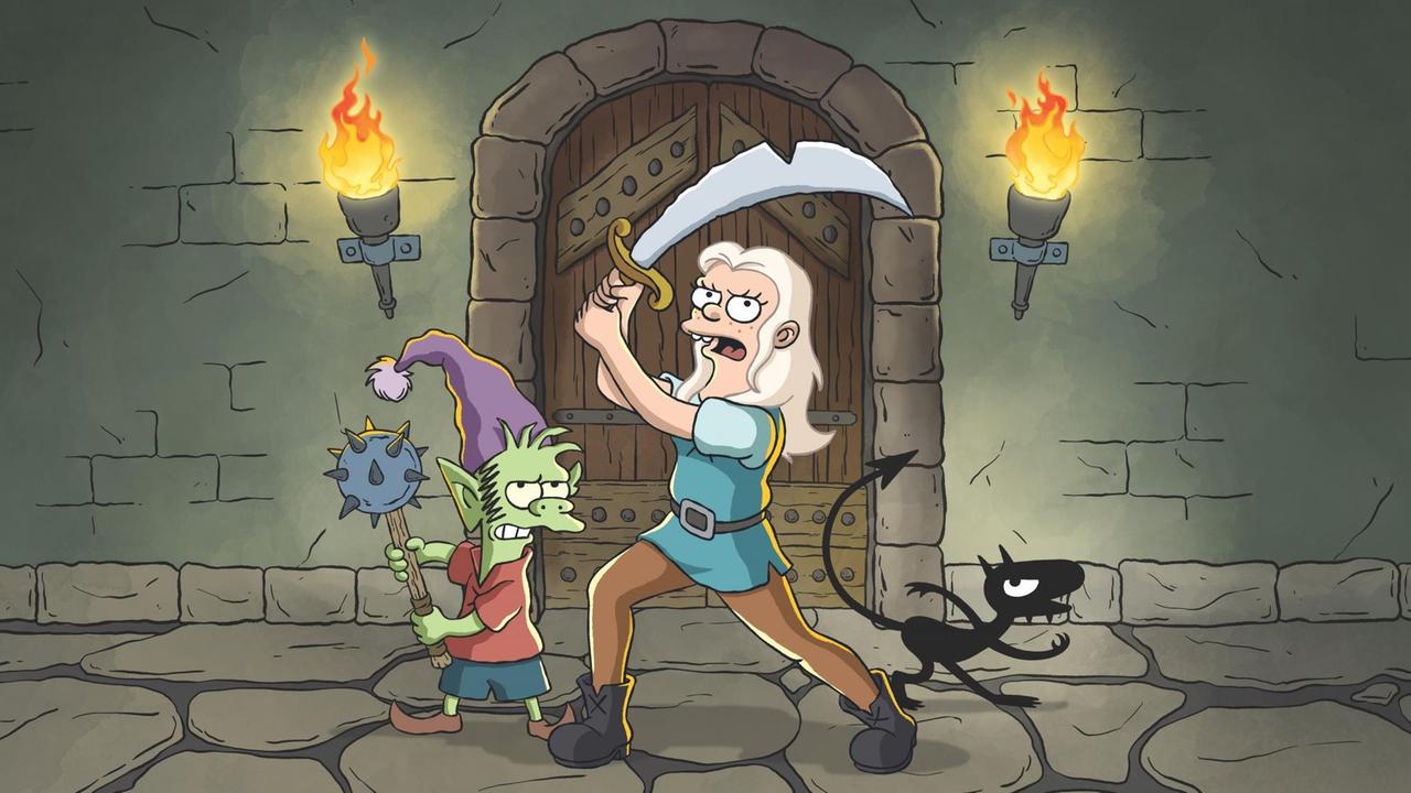 Elfo, Prinzessin Bean und Luci, der Dämon. Die drei Hauptfiguren aus Matt Groenings neuer Serie "Disenchantment".
