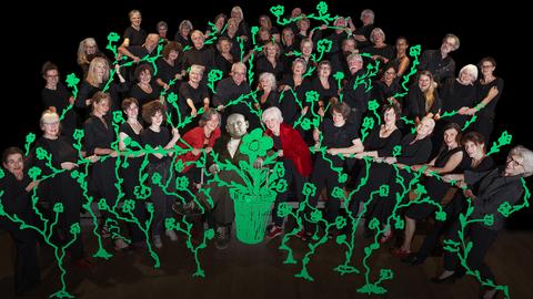 Ein Gruppenbild des Chores. Grafisch wurden alle Sänger mit einer grünen Pflanze verbunden.