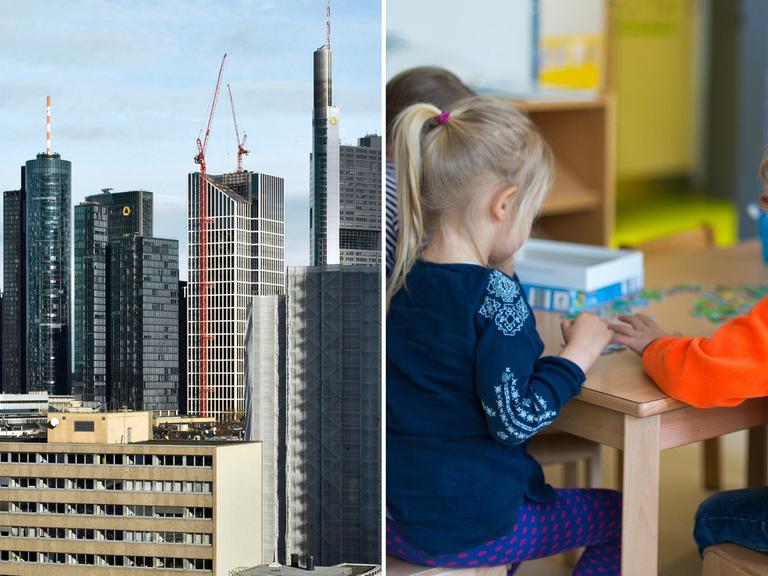 Eine Montage aus der Skyline in Frankfurt am Main und Kindern in einem Kindergarten.