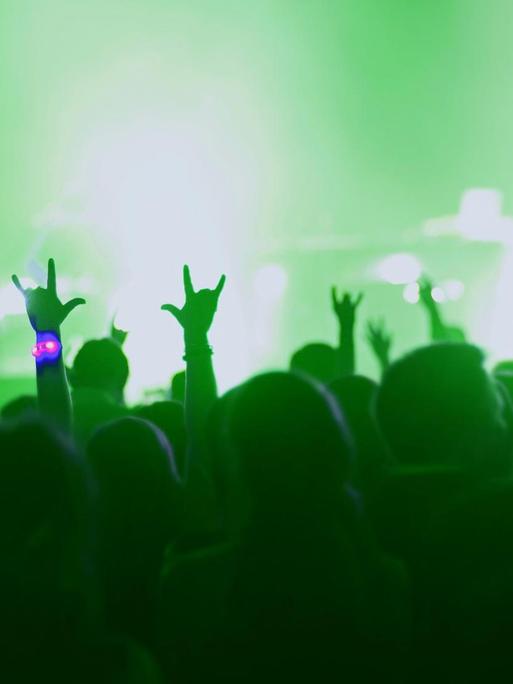 Eine in grünes Licht getauchte Bühne. Davor steht Publikum und einzelne Hände ragen in die Luft.