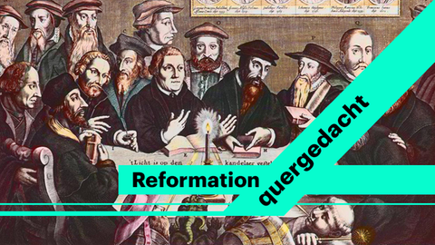 Das Licht ist auf den Kandelaber gestellt - Jan Houwen stellt ein imaginäres Treffen Luthers und Calvins mit anderen Reformatoren dar, darunter auch John Wyclif.