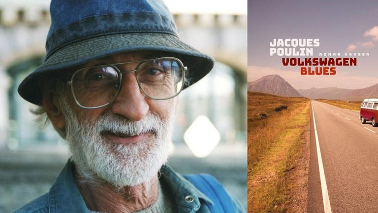 Jacques Poulin: "Volkswagenblues" Zu sehen ist der Autor und das Cover des Buches