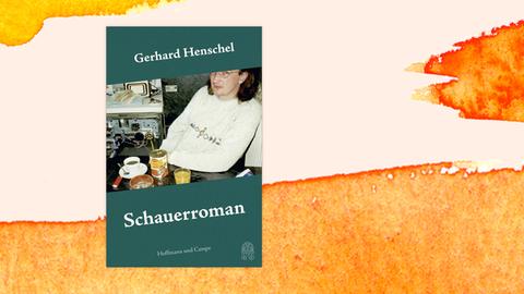 Cover des Romans "Schauerroman" von Gerhard Henschel. Das grüne Cover zeigt ein Foto eines jungen Mannes mit Brille und im Sweatshirt, der an einem Tisch sitzt. Vor ihm stehen einen Konservendose, eine Tasse Kaffee, ein Aschenbecher und ein Glas Saft.