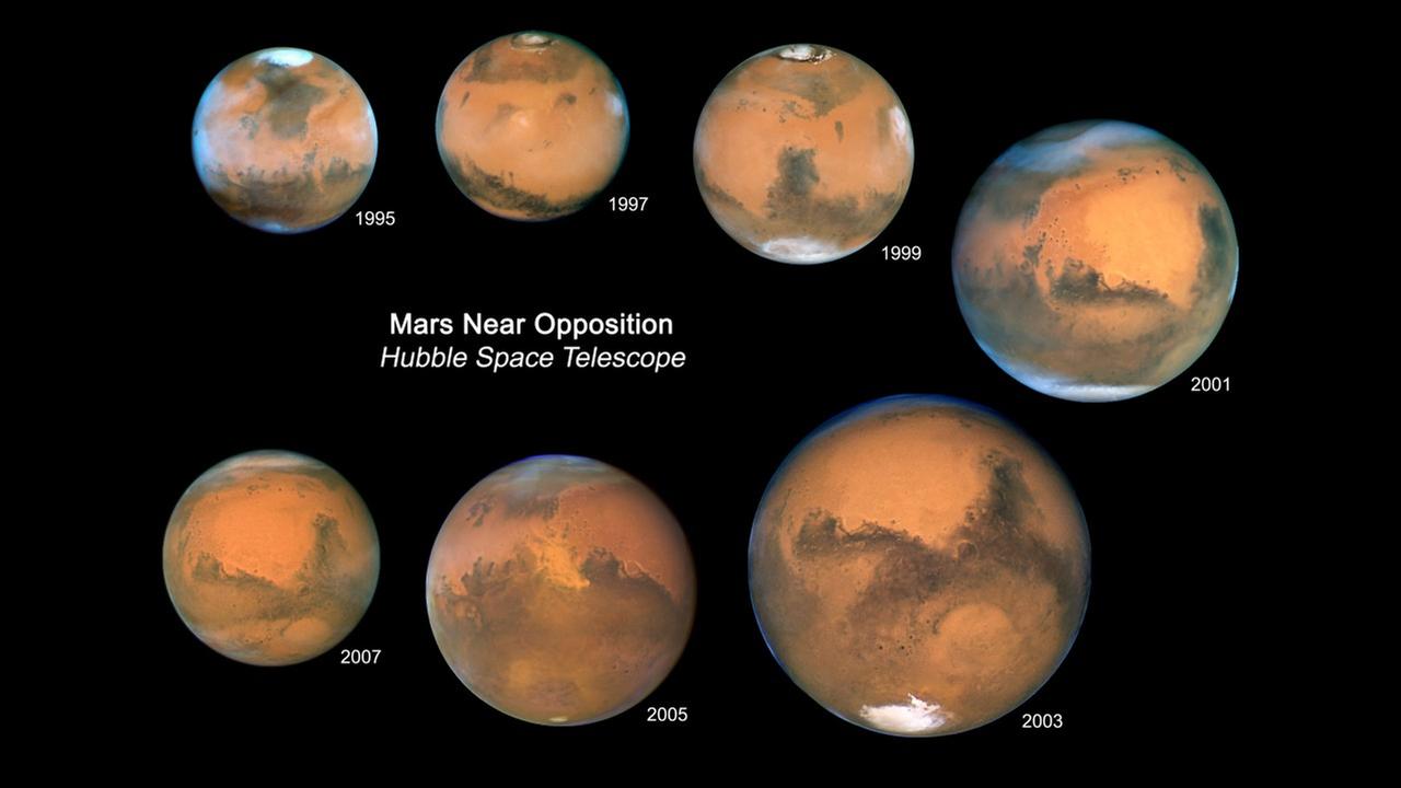 Der Planet Mars, fotografiert vom Hubble-Weltraumteleskop in verschiedenen Jahren