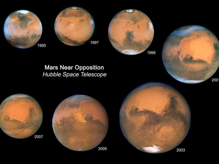 Wechselnde Ansichten des Mars zwischen 1995 und 2007: anfangs war die Nordpolkappe sichtbar (Nordsommer), 2003 dagegen die Südpolkappe (Südsommer)