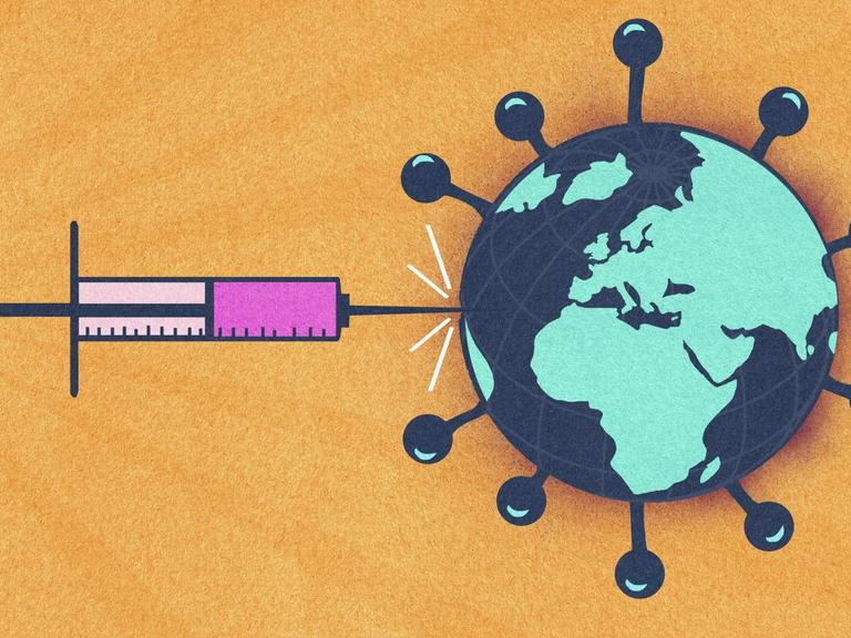 Illustration einer Spritze die die Welt in Form eines Coronavirus impft.
