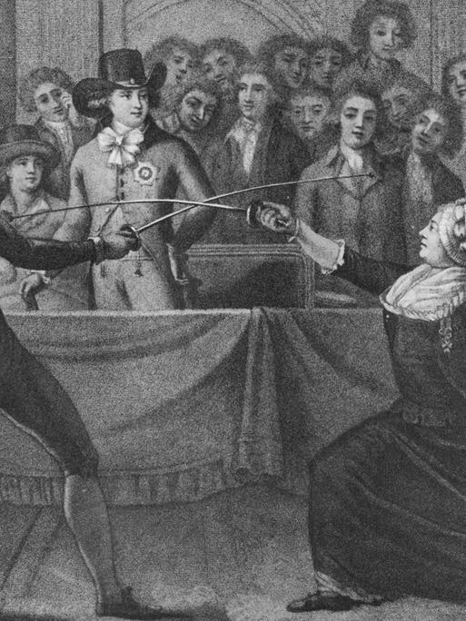 Das Bild "Fencing Match Between Mademoiselle La Chevaliere D'Eon De Beaumont and Monsieur De Saint George, 1787" nach Charles Jean Robineau. Aus der Zeitschrift "The Connoisseur Magazine", London, 1908.