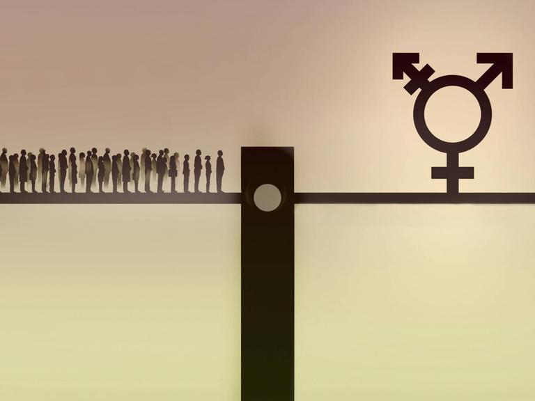 Illustration einer Wippe: Auf der einen Seite eine Menschenmenge, auf der anderen das aus den verschiedenen Geschlechtssymbolen zusammengesetzte Transgender-Symbol.