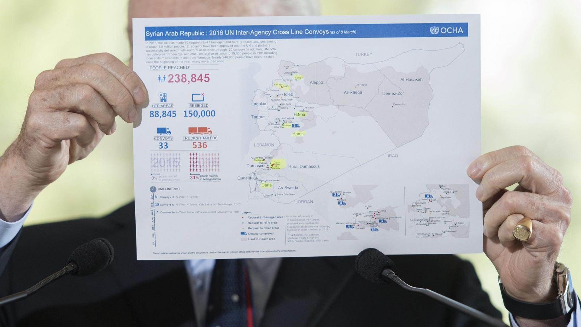 Der UNO-Sondergesandte für Syrien, Staffan de Mistura, präsentiert Zahlen zu dem Bürgerkrieg