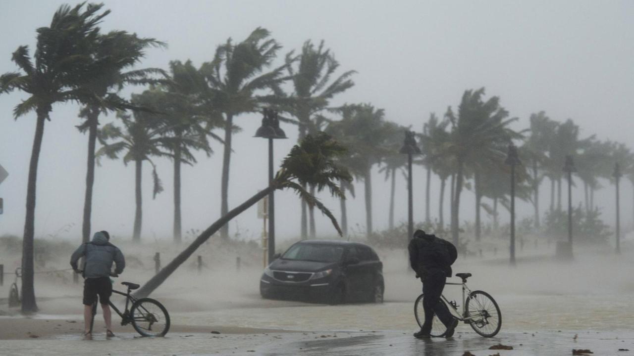 Zwei Männer schieben am 10.09.2017 in Fort Lauderdale, Florida, USA, in Ufergegend ihre Fahrräder entlang einer überfluteten Straße.