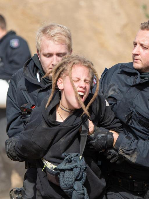 Das Bild zeigt Polizisten, die im Hambacher Forst eine Demonstrantin festnehmen.