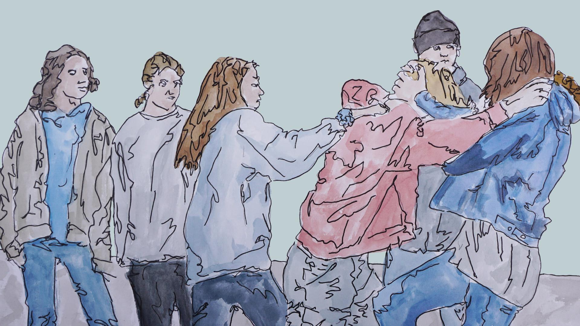 Zeichnung zu Folge 3: Jugendliche auf dem Schulhof bei einer Rauferei.