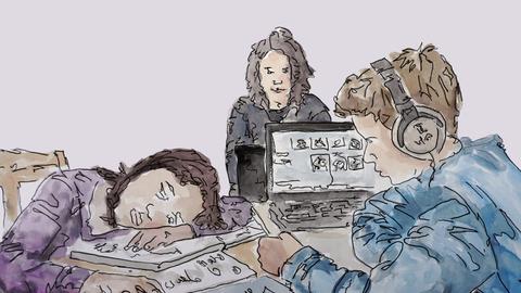 Zeichnung zu Folge 5: Drei Jugendliche sitzen in einem Klassenraum. Einer hat einen Kopfhörer auf, ein Mädchen liegt mit dem Kopf auf dem Schreibtisch, eine dritte Person schaut gelangweilt vor sich hin.