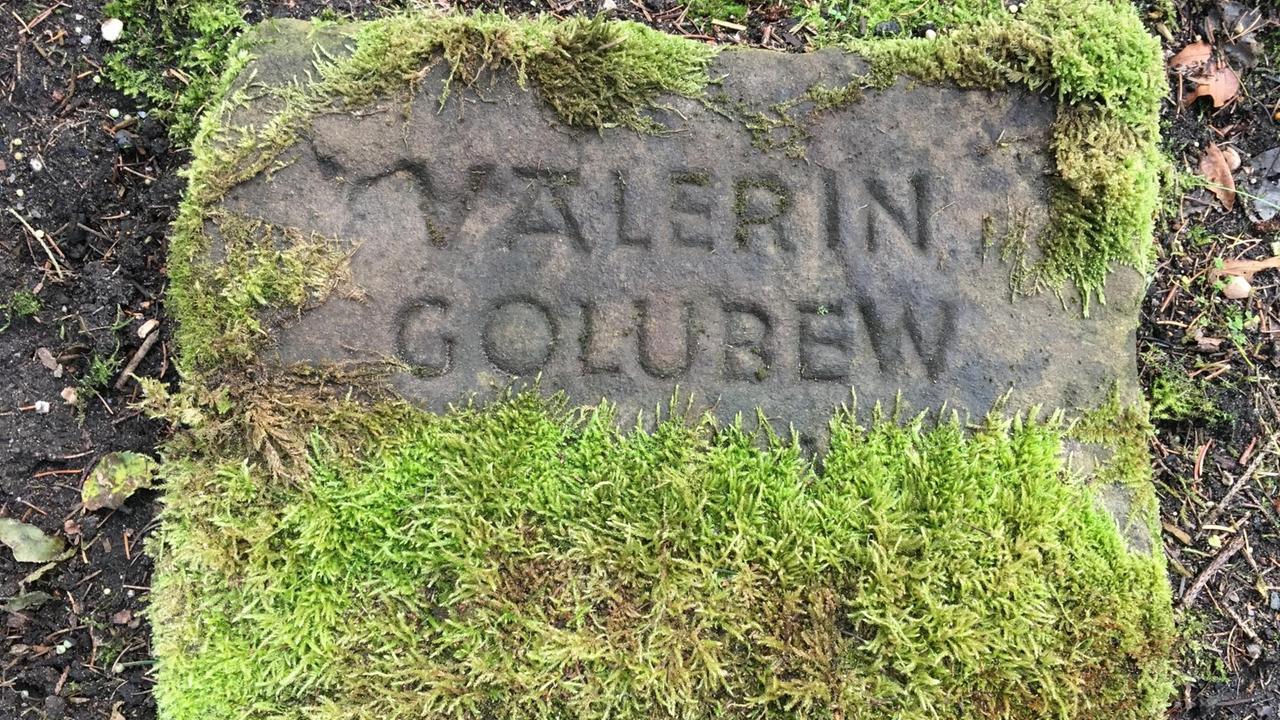 Grabstein von Valerin Golubew auf dem Ohlsdorfer Friedhof, Hamburg. Der untere Teil des Grabsteins ist mit Moos zugewachsen.