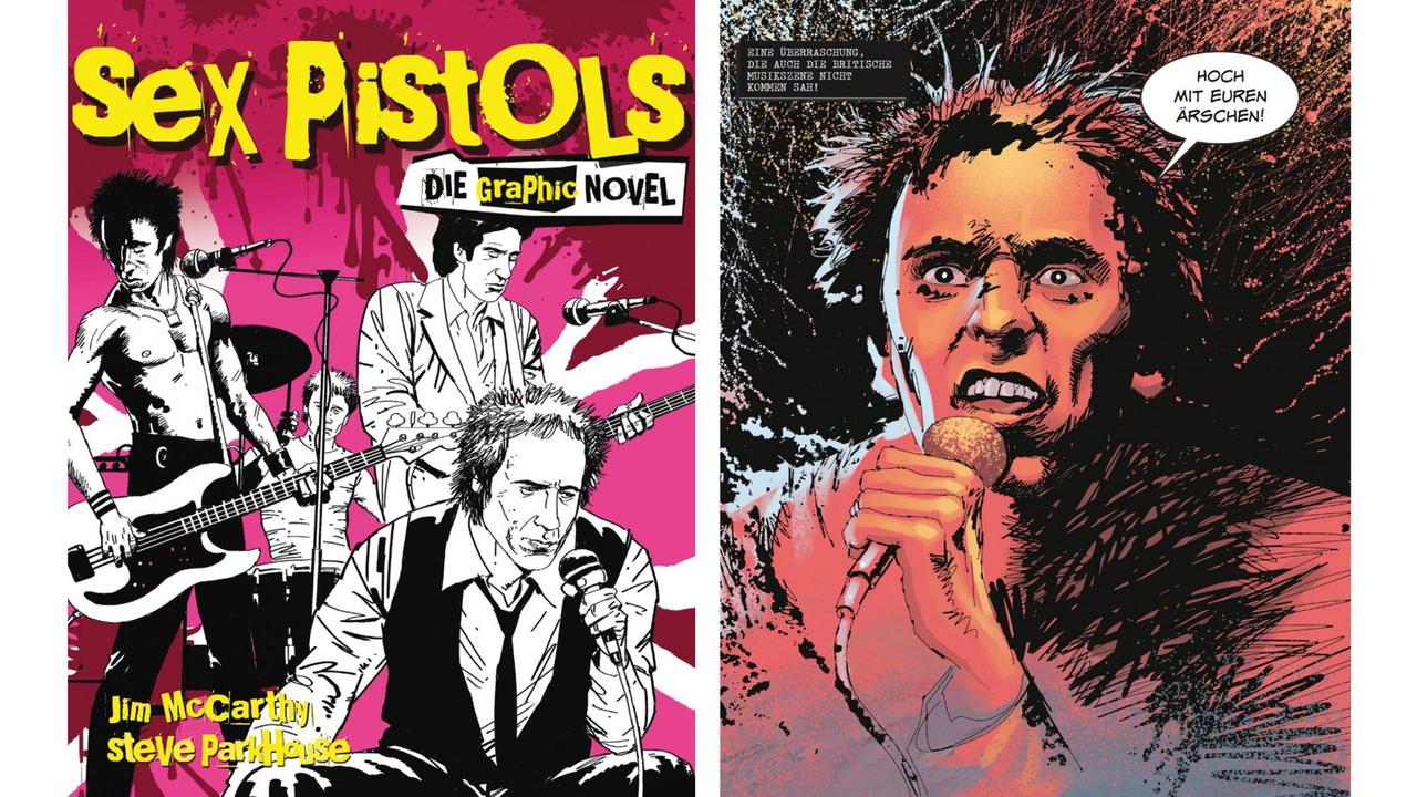 Auf dem Cover der Graphic Novel ist eine Zeichnung der Band Sex Pistols zu sehen, rechts daneben ein Bild aus dem Buch, das Sänger Johnny Rotten zeigt, der in eine Mikrofon schreit.