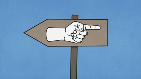 Auf einem Schild was nach links weist, ist eine Hand gezeichnet, die nach rechts zeigt (Illustration)