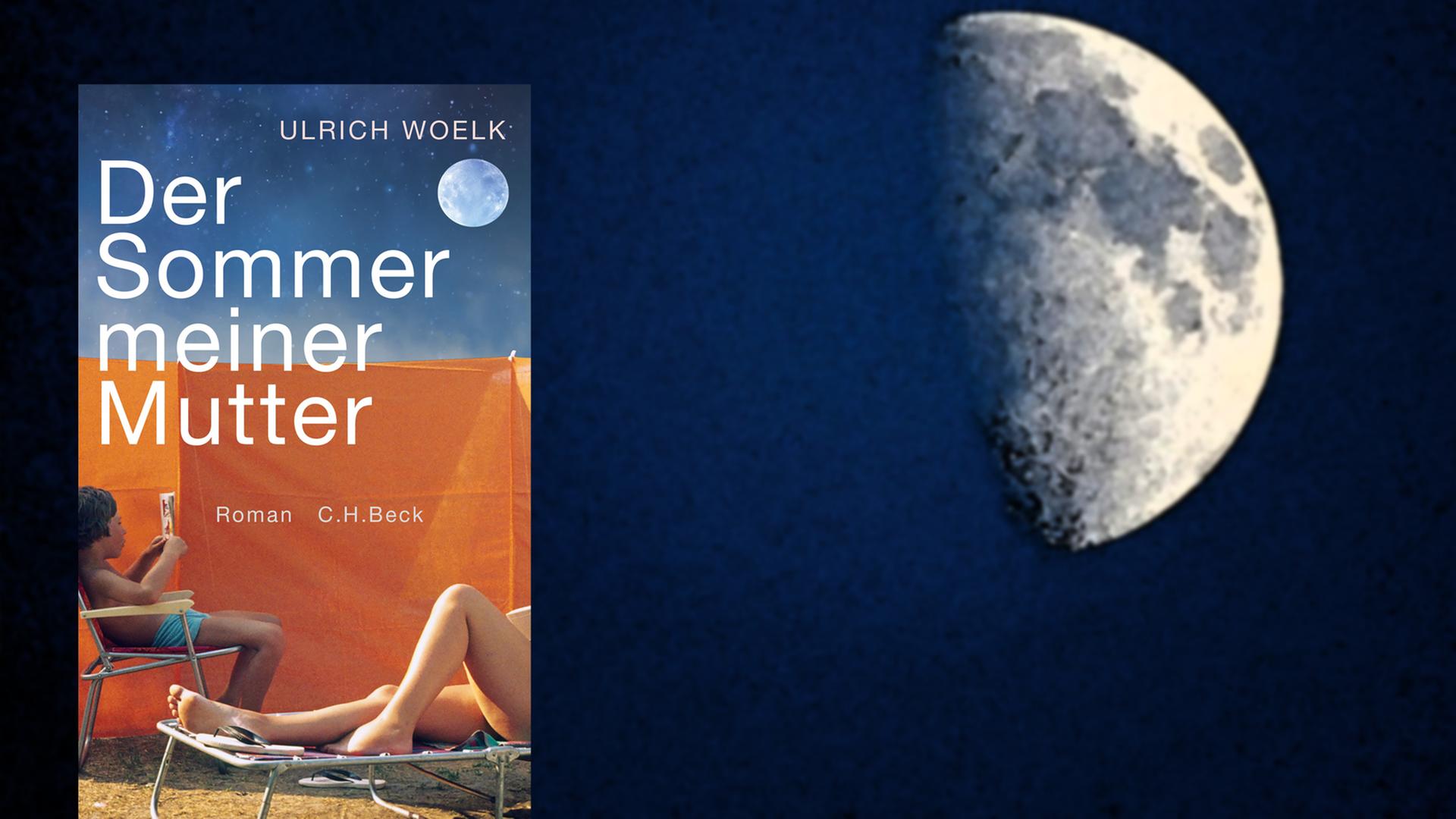 Im Vordergrund das Cover zu "Der Sommer meiner Mutter" von Ulrich Woelk, im Hintergrund Blick auf den Halbmond in der zunehmenden Phase, gesehen im Rhein-Kreis Neuss