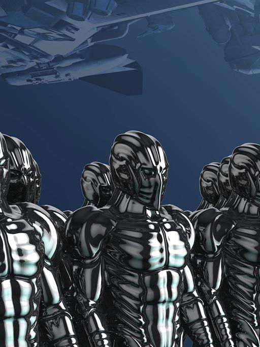 Eine Illustration zeigt eine Gruppe von roboterartigen Cyborgs, über ihnen schwebt ein Raumschiff