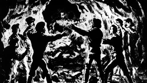 Zeitgenössische Darstellung des Tunneldurchbruchs und sich begrüßende Arbeiter von Nord und Süd am 29.02.1880. Es war ein großer Triumph der Technik und ein Durchbruch in eine neue Zeit des europäischen Eisenbahnverkehrs: Nach acht Jahren Arbeit unter widrigen Bedingungen gelang am 29. Februar 1880 mit einer Abweichung von nur wenigen Zentimetern der Durchbruch durch die Alpen am Gotthard. Die Grundlage für den 15 Kilometer langen Eisenbahntunnel war geschafft, die Schienenverbindung zwischen Deutschland und Italien über die Schweiz ermöglicht. |