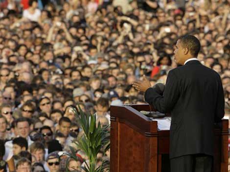 US-Präsidentschaftskandidat Barack Obama bei seiner Rede vor der Berliner Siegessäule am 24. Juni 2008