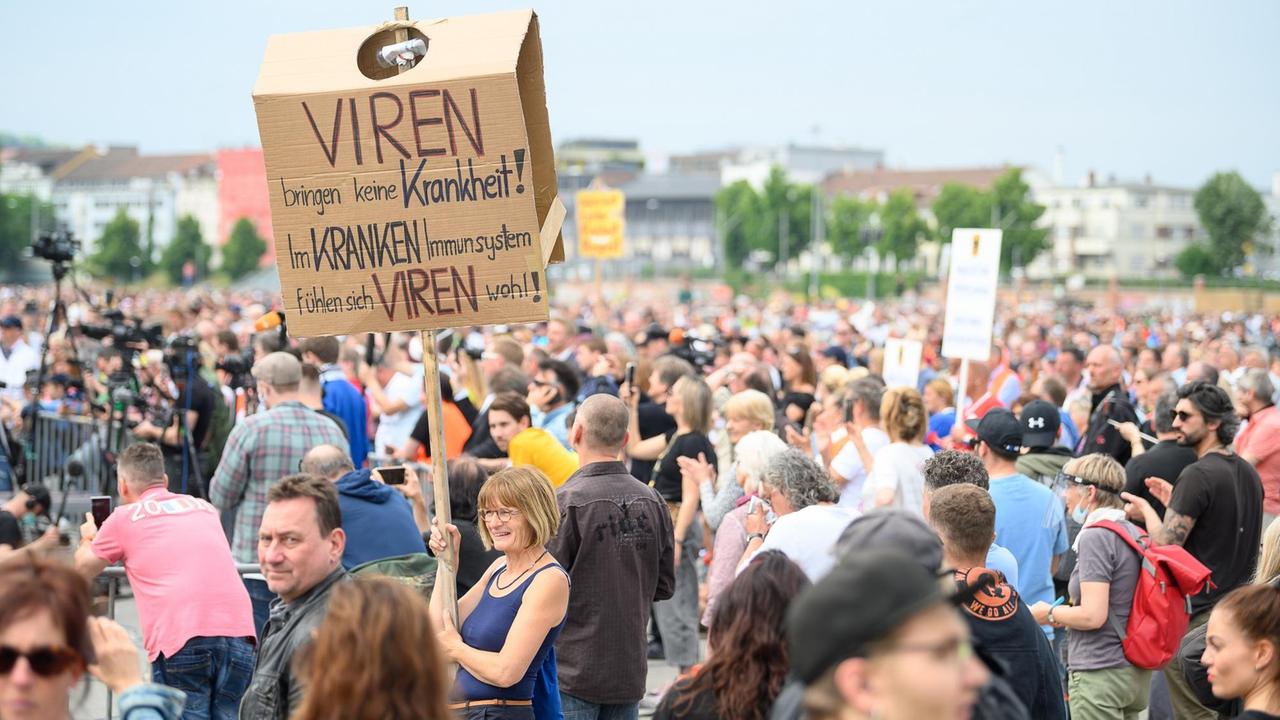 Eine Frau hält während einer Protestkundgebung ein Schild mit der Aufschrift "Viren bringen keine Krankheit! Im kranken Immunsystem fühlen sich Viren wohl!"