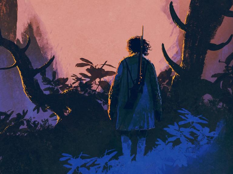 Auf einer Illustration ist ein Mann mit einem Gewehr nahe eines großen Baumes in Rückenansicht zu sehen, der in die schummrige Waldgegend schaut.