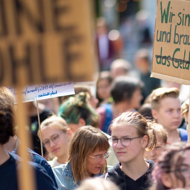 Teilnehmer der "Fridays for Future"-Demonstration stehen mit ihren Transparenten im Invalidenpark in Berlin (16.8.2019).

