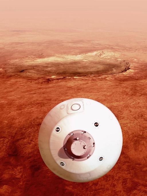 Der NASA Aeroshell, die den Rover und die Abstiegsstufe umschließt, bei dem Anflug auf dem Mars. 2021 soll sie landen.