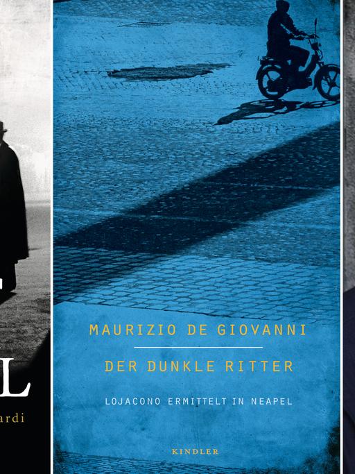 Buchcover von Maurizio de Giovannis Romanen "Nacht über Neapel" und "Der dunkle Ritter. Rechts: der Autor im Porträt.