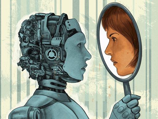 Weiblicher Roboter mit dem Spiegelbild einer Frau.