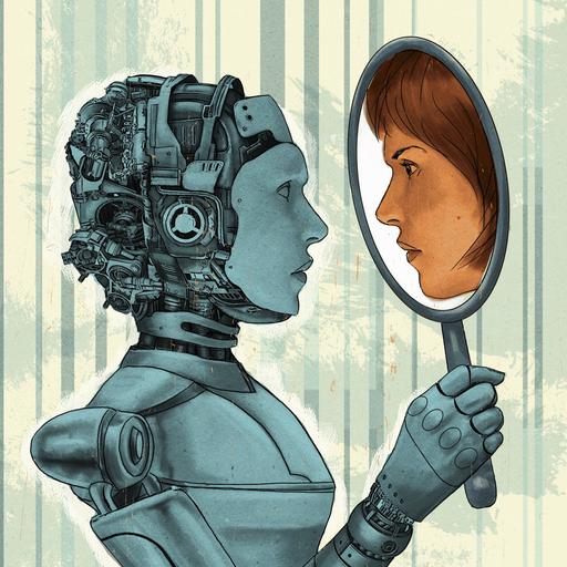 Weiblicher Roboter mit dem Spiegelbild einer Frau.