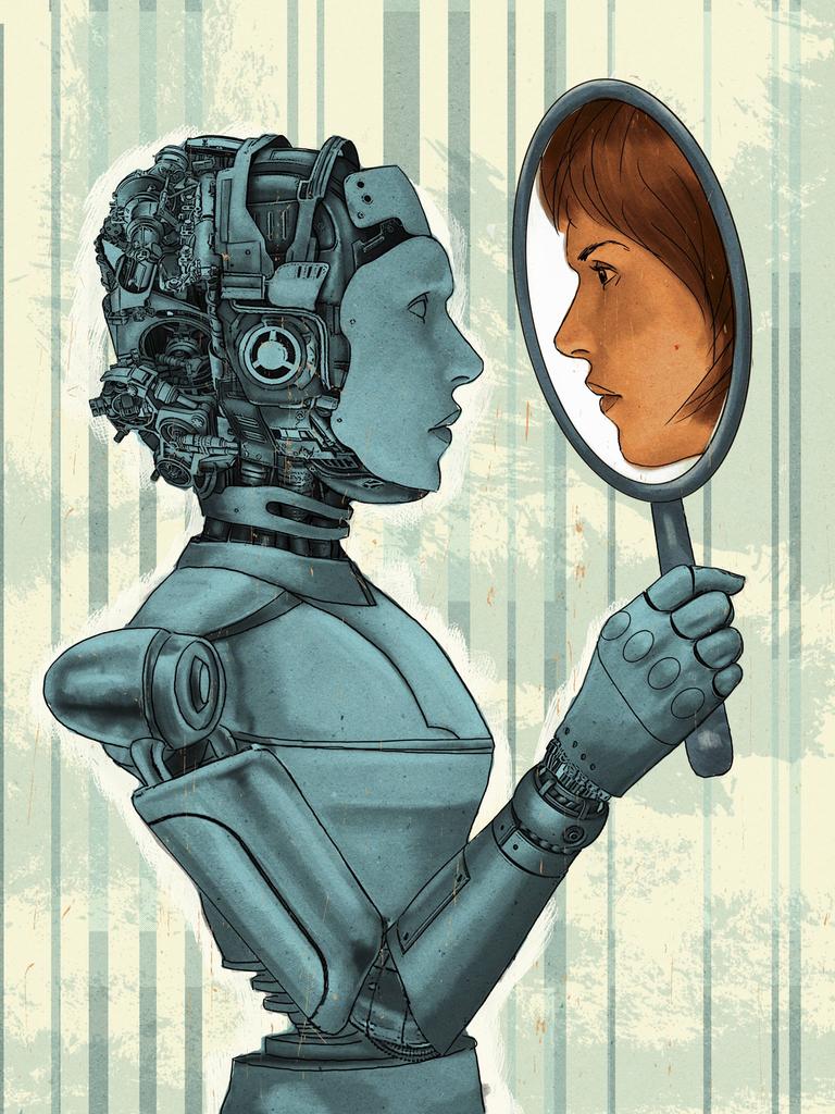 Weiblicher Roboter mit dem Spiegelbild einer Frau.