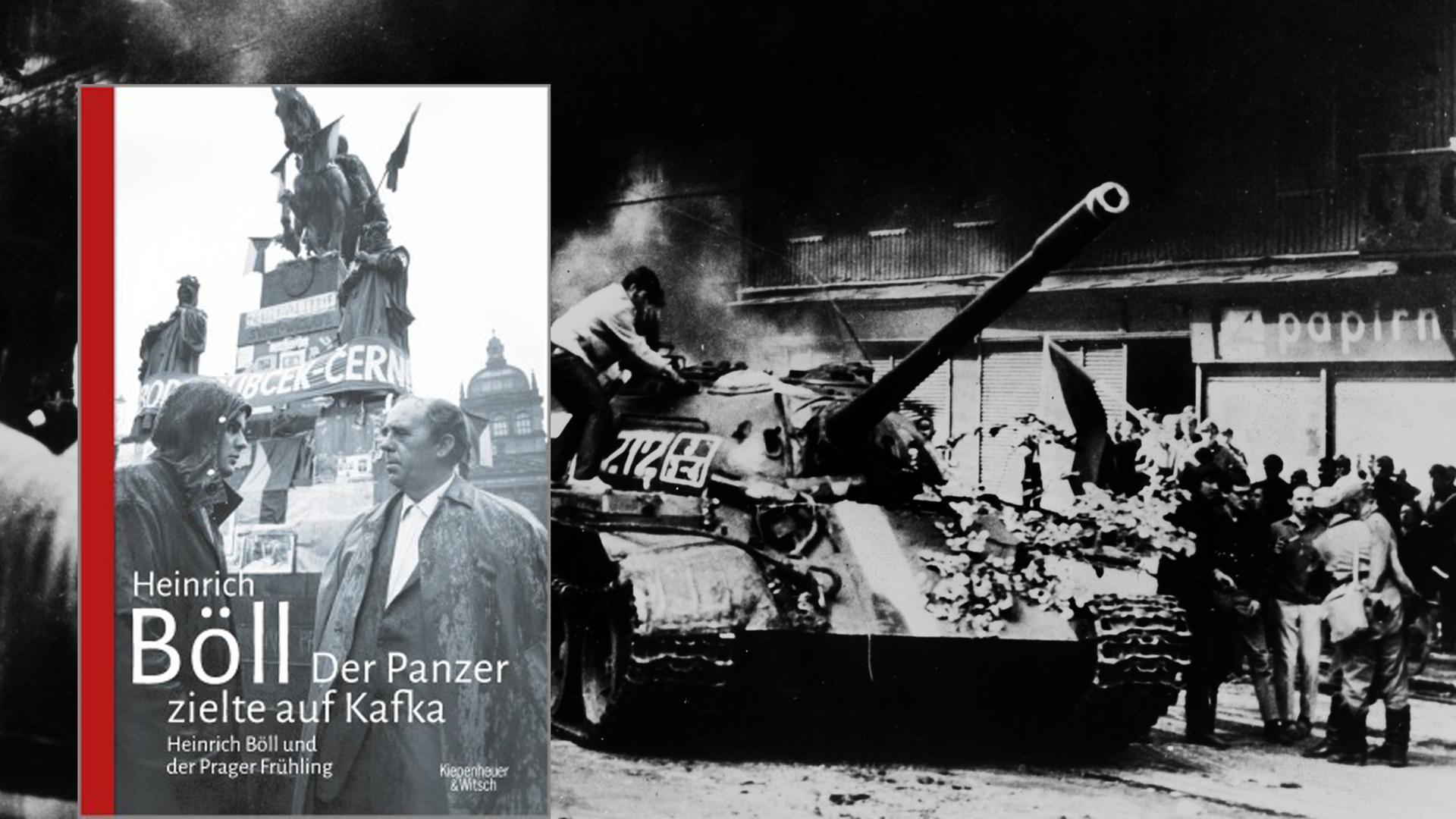 Cover von "Der Panzer zeigte auf Kafka" von Heinrich Böll, im Hintergrund ein sowjetischer Panzer 1968 in Prag.