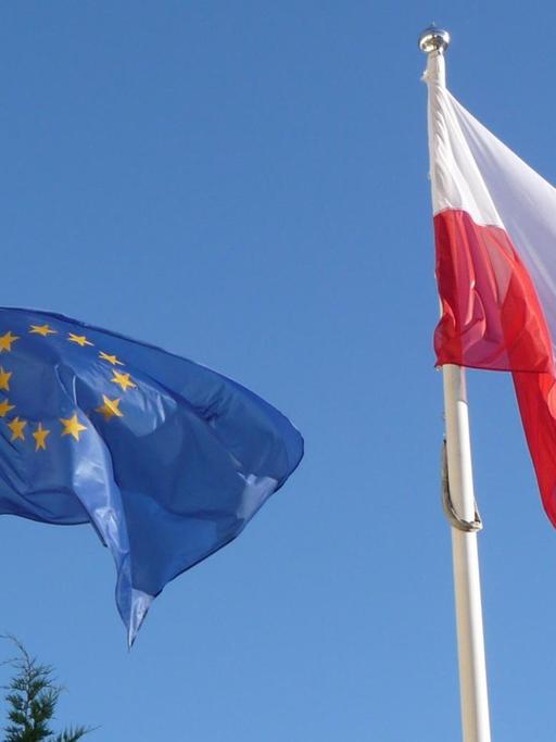 Eine polnische Flagge und eine Europafahne wehen im Wind.