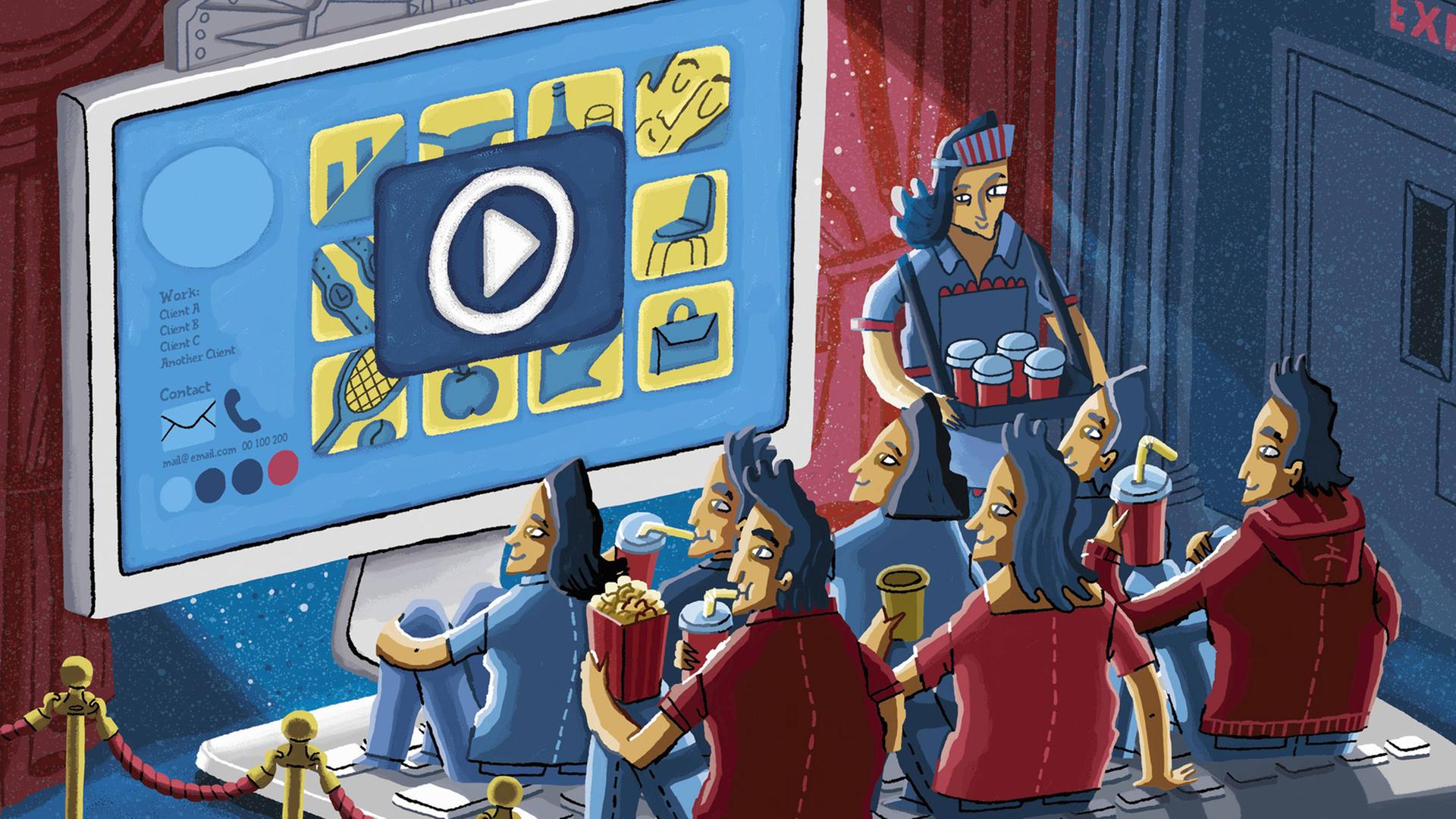 Eine Zeichnung von einem Publikum, das ein Video auf einer Website in Form eines Kinos genießt