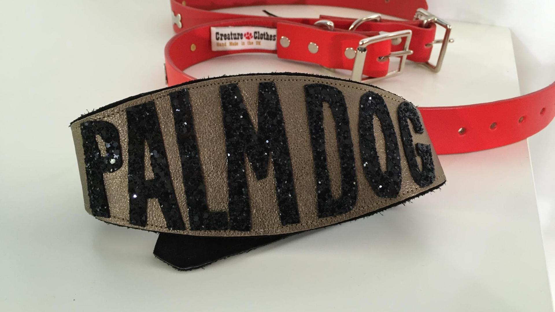Farbfoto eines Hundehalsbands, auf dem Palm Dog steht. Es ist eine Auszeichnung für den besten Vierbeiner in den Filmen beim Filmfestival Cannes.