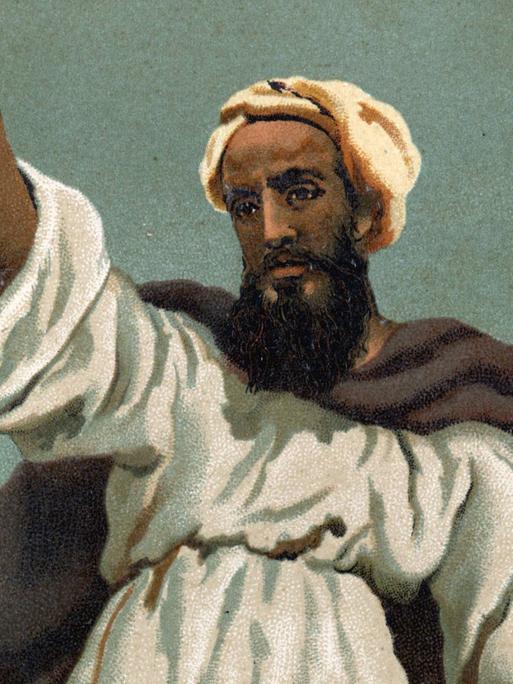 Gemälde von Mohammed, vom Kopf bis zu den Knien vor grauem Himmel, in weißem Gewand, mit schwarzem Bart und weißem Kopftuch, in seiner Hand hält er einen Bogen Papier hoch.