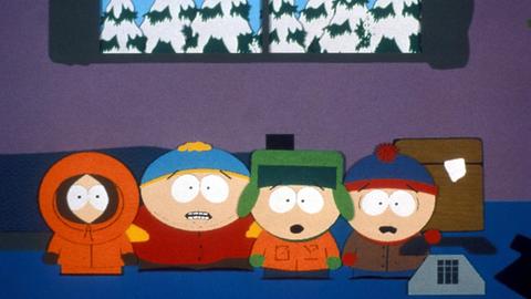 Szene aus "South Park" mit den Protagonisten Kenny McCormick, Eric Cartman, Kyle Broslofski und Stan Marsh