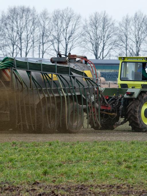 Ein Landwirt in Niedersachsen bei Hoopte bringt Gülle aufs Feld.